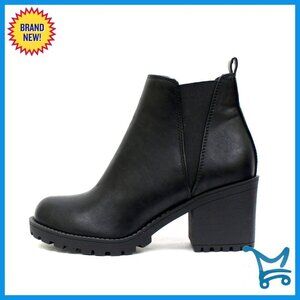 Ankle Booties with Log Sole Stack Block Heel, Stretchy Elastic Sides